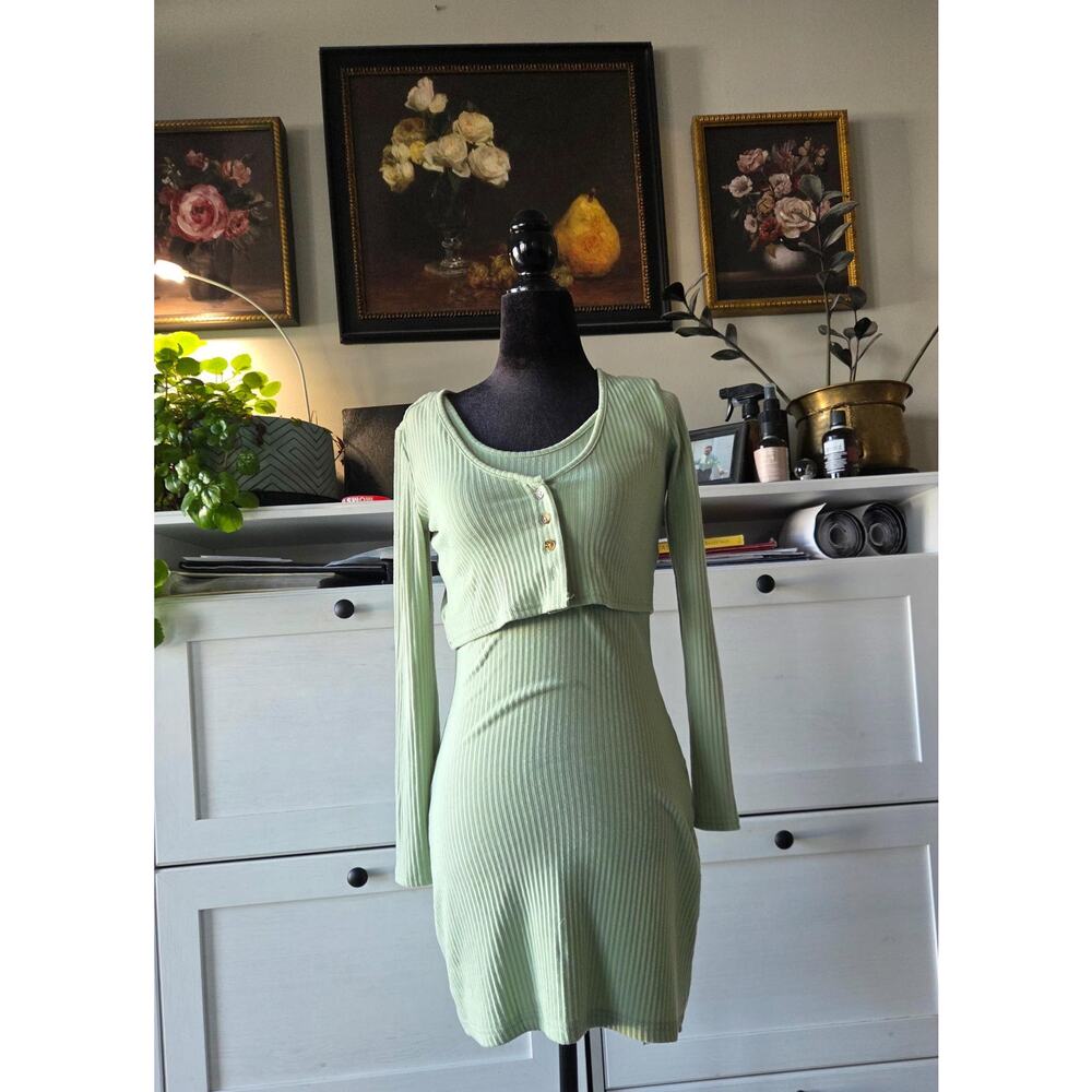 Sage Green Ribbed Mini Dress & Crop Cardigan Set 🌿✨